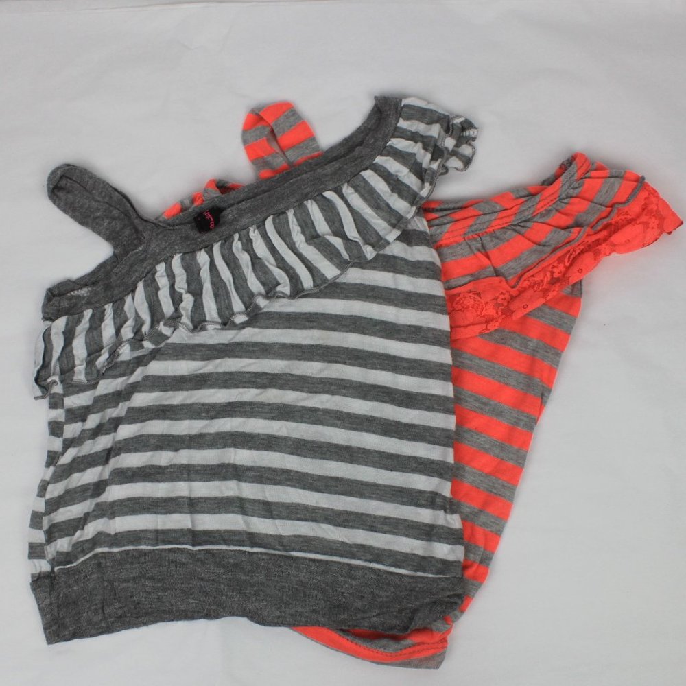 Lily Bleu Lot of 2 Striped Off Shoulder Gray White Neon Peach Shirts